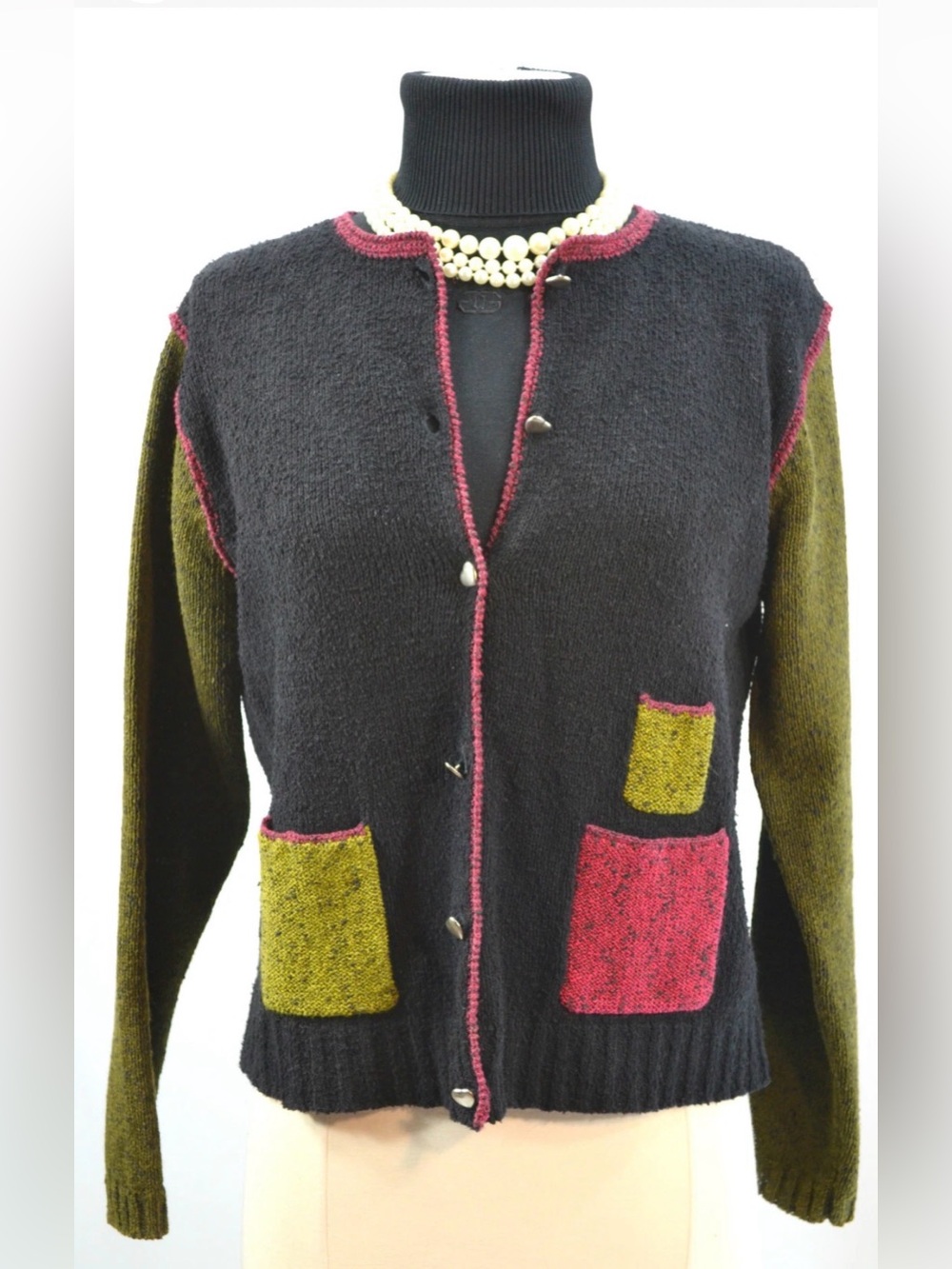 Ann Trinity Vintage Colorblock Patchwork Knit Cardigan Heart Buttons Medium